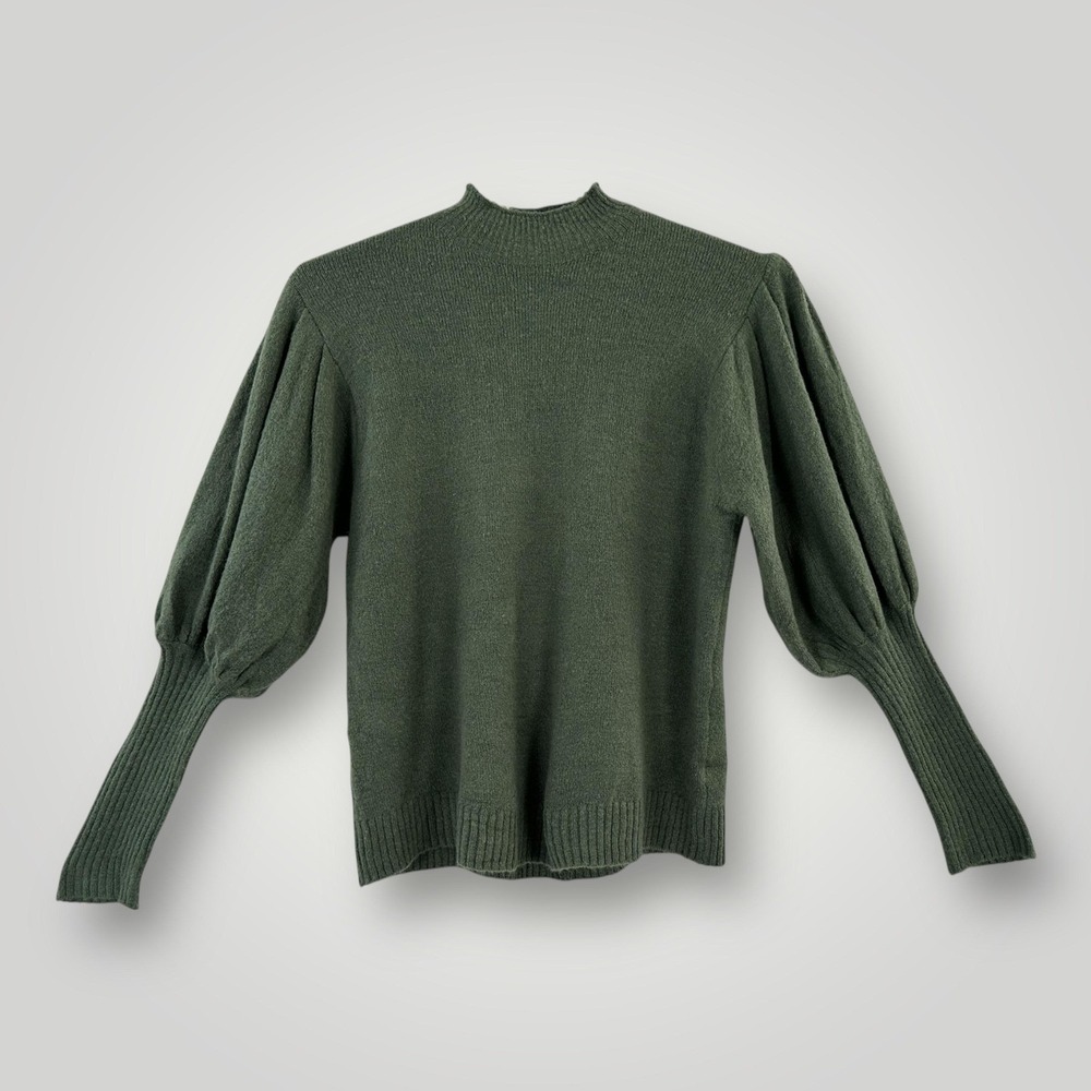 Elan Sweater Womens Medium Green Mock Neck Balloon Sleeve Stretch Knit Pullover